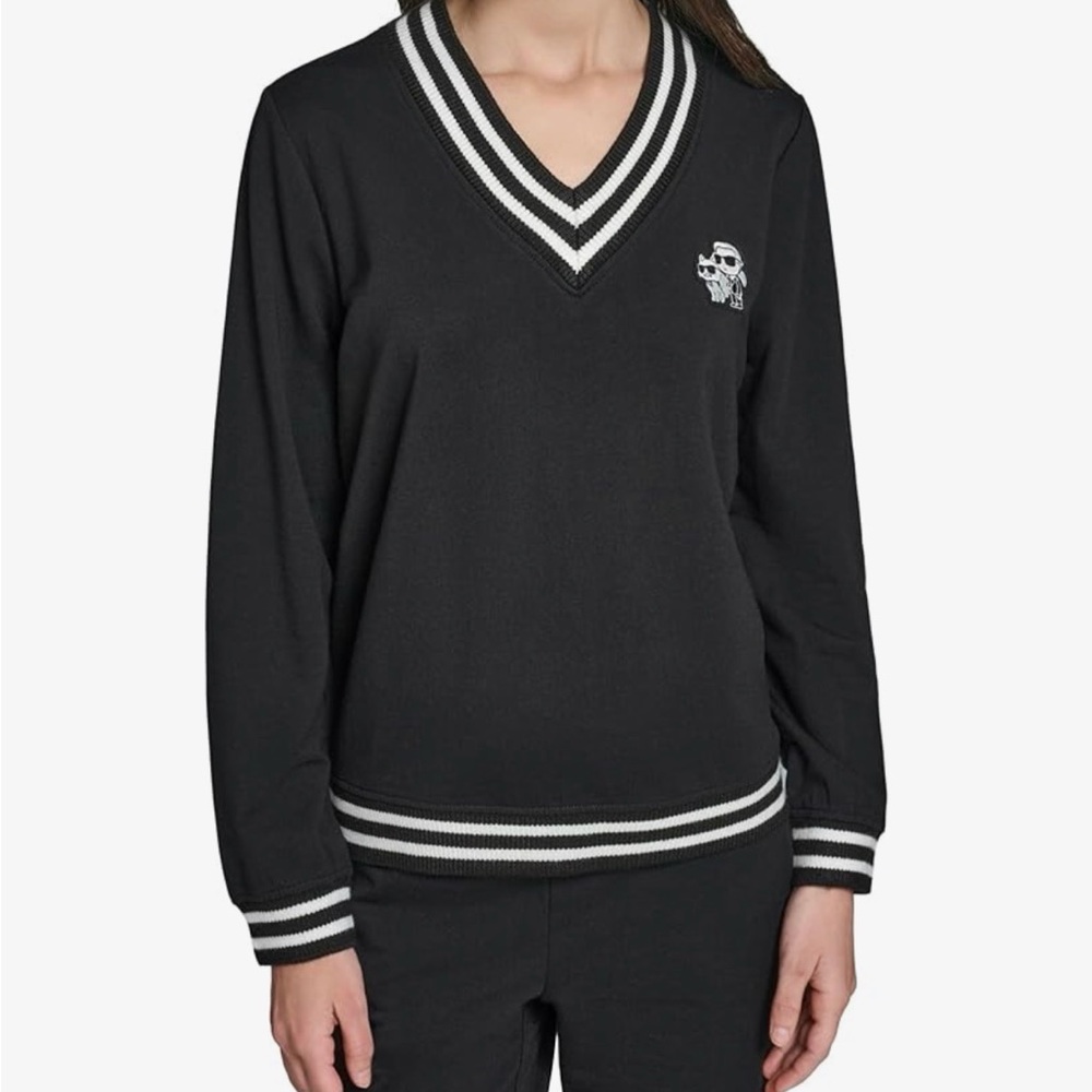 Karl Lagerfeld Women's Karl and Choupette Patches Iconic Varsity Blouse Sweater